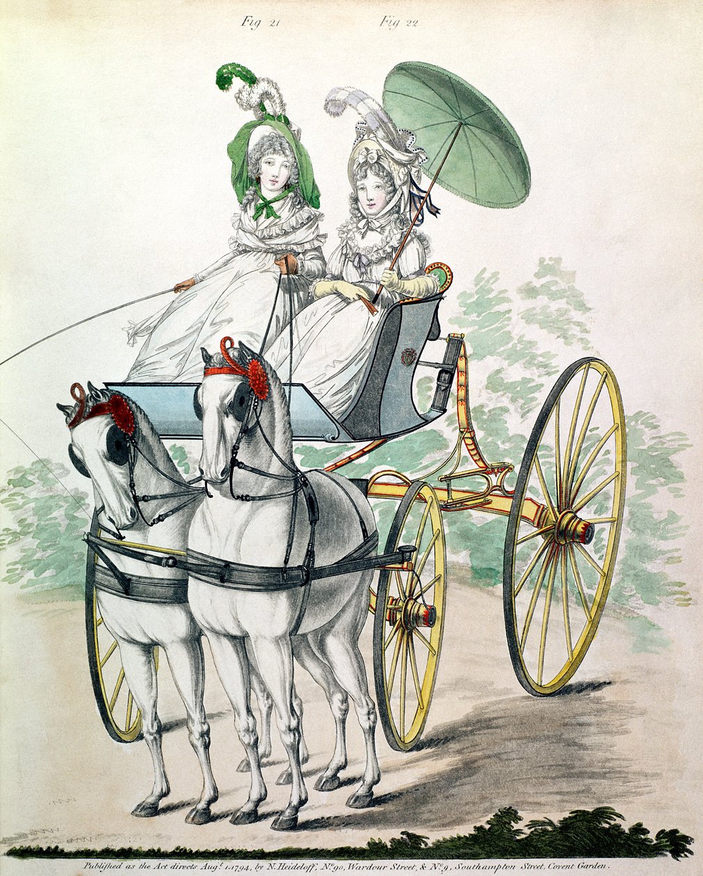 To unge damer i kalikokjoler, der tager en lufttur i en phaeton, fra "Gallery of Fashion af Humphry Repton