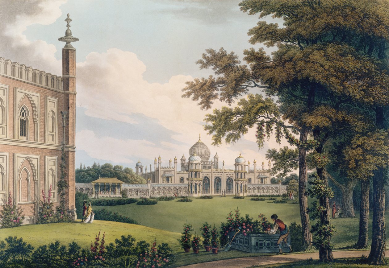 Brighton Pavilion, der viser haver, indgraveret af Joseph Constantine Stadler af Humphry Repton