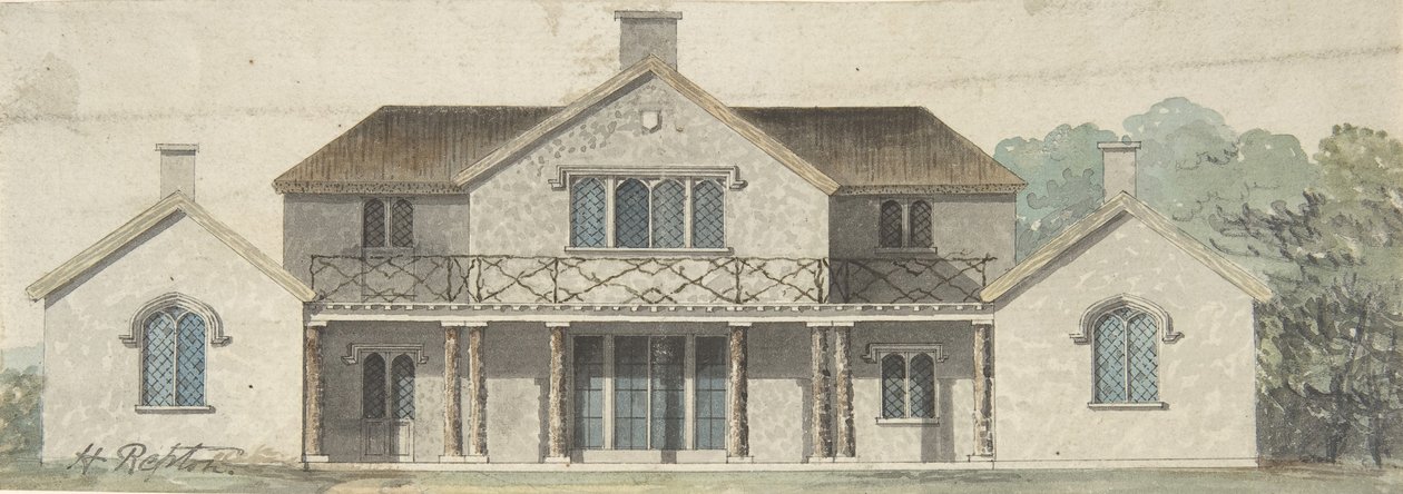 Design til et sommerhus Ornée i tudoresk stil, slutningen af det 18.-begyndelsen af det 19. århundrede. af Humphry Repton