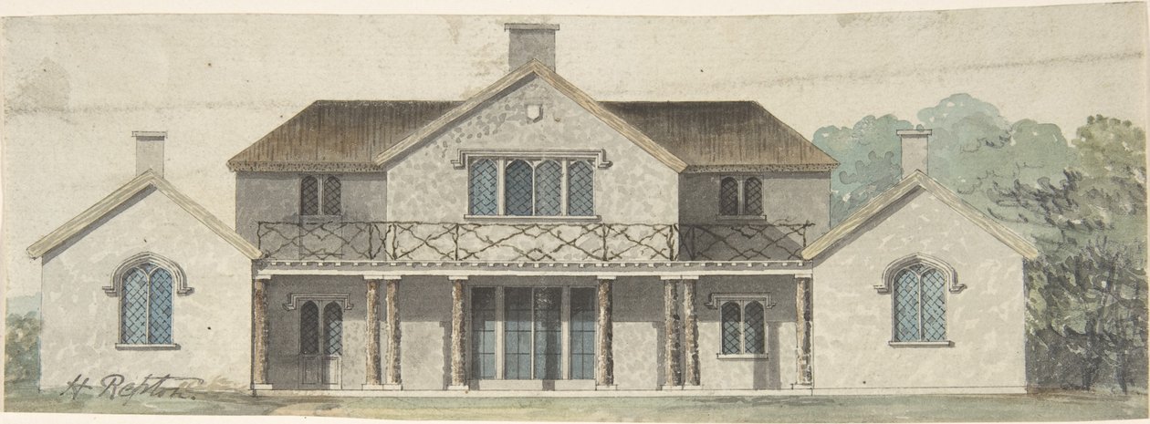 Udkast til en Cottage Ornée i tudorstil af Humphry Repton