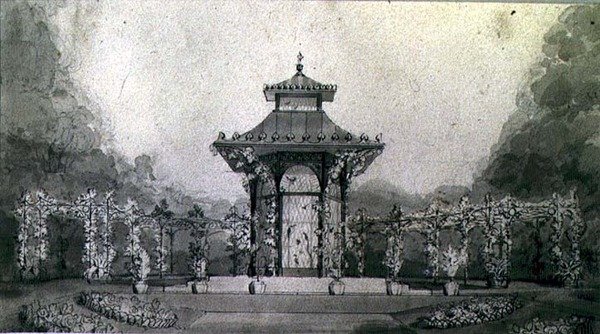 Design til en voliere og pergola i kinesisk stil af Humphry Repton