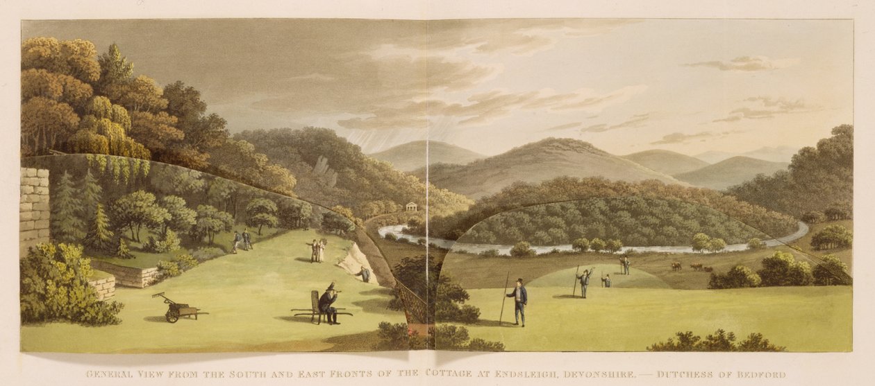 Generel udsigt fra syd- og østfacaden af sommerhuset i Endsleigh, Devon (før) fra "Fragments on the Theory and Practice of Landscape Gardening", pub. 1816 (farvelitografi) (se også 103914) af Humphry Repton