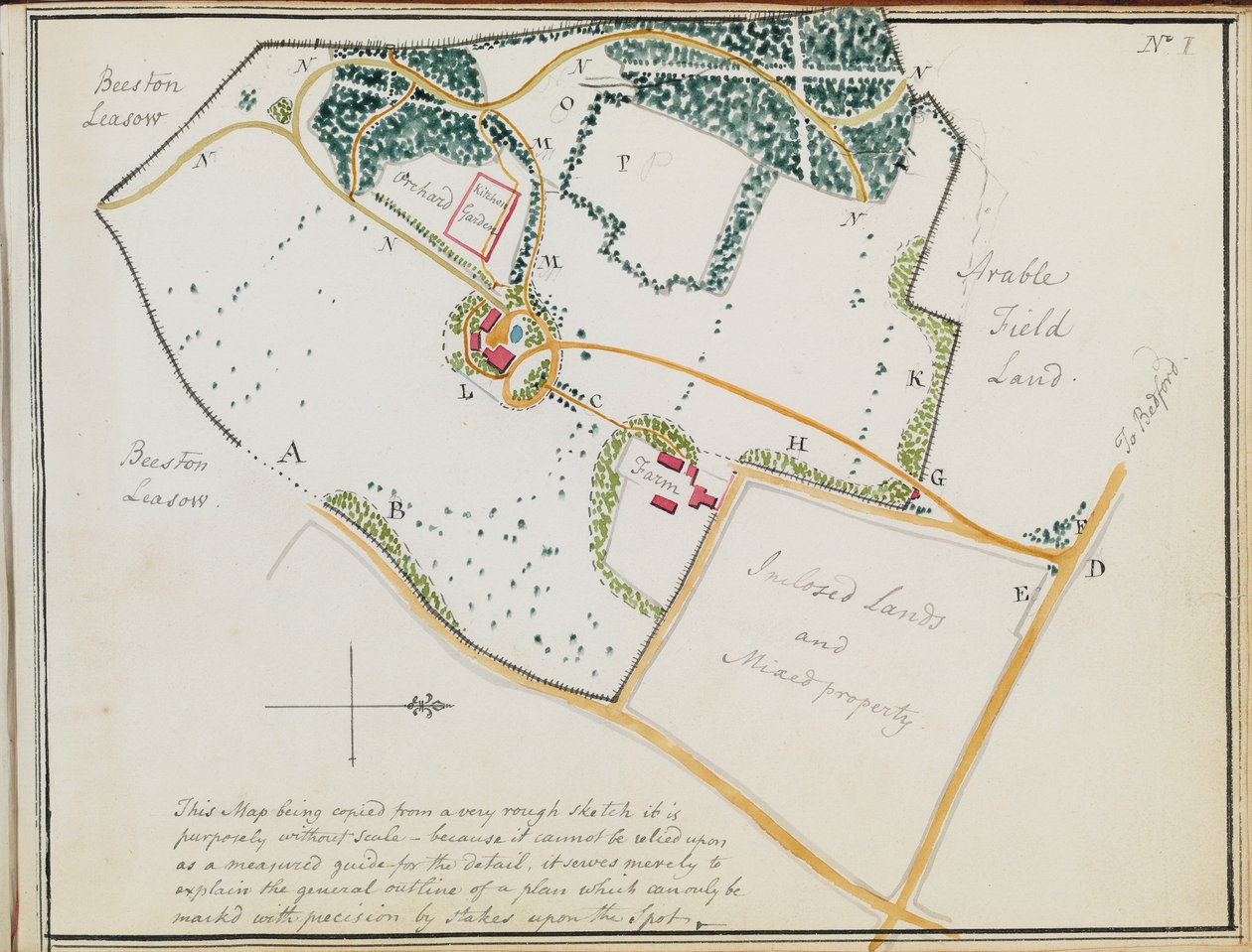 Kort fra "Red Books", for "Mogenhanger in Bedfordshire, a Seat of Godfrey Thornton Esq.", 1792 af Humphry Repton
