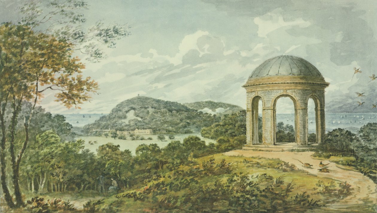 Scene nær templet, fra den røde bog for Antony House, ca. 1812 (wc på papir) af Humphry Repton