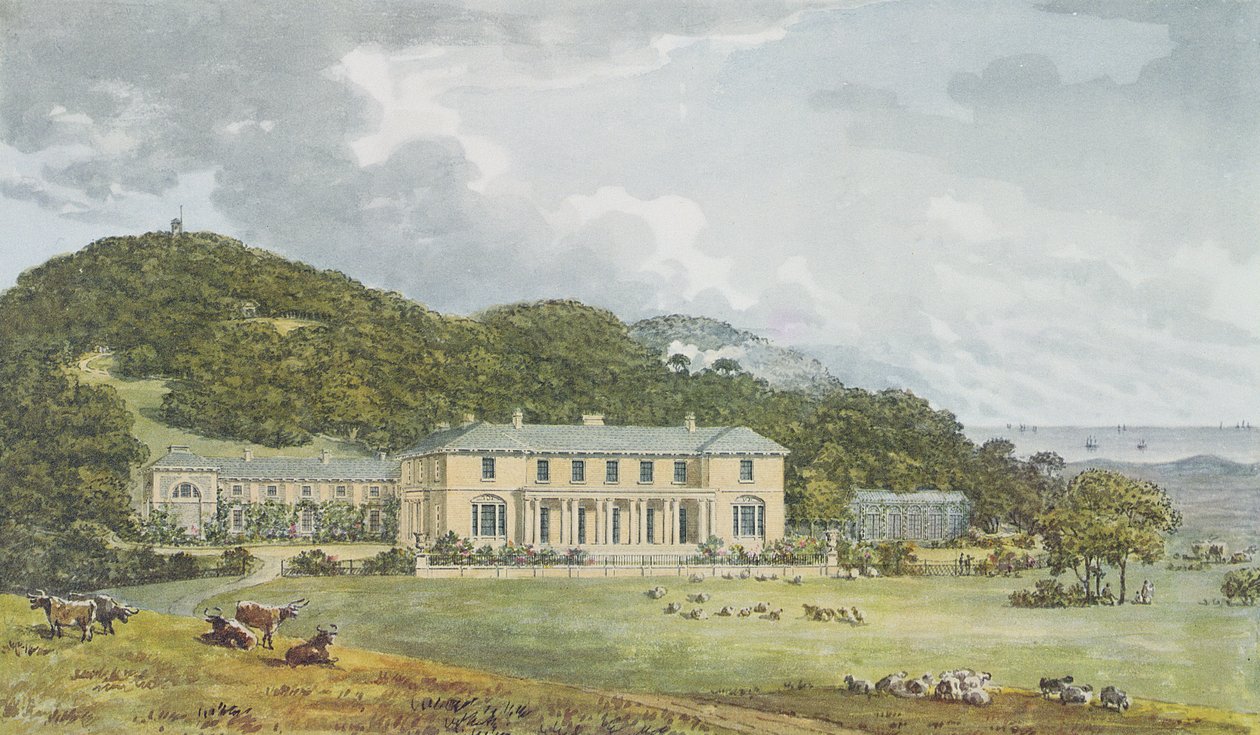 Sydfacade med vestfacade i perspektiv, fra Antony House Red Book, ca. 1812 af Humphry Repton