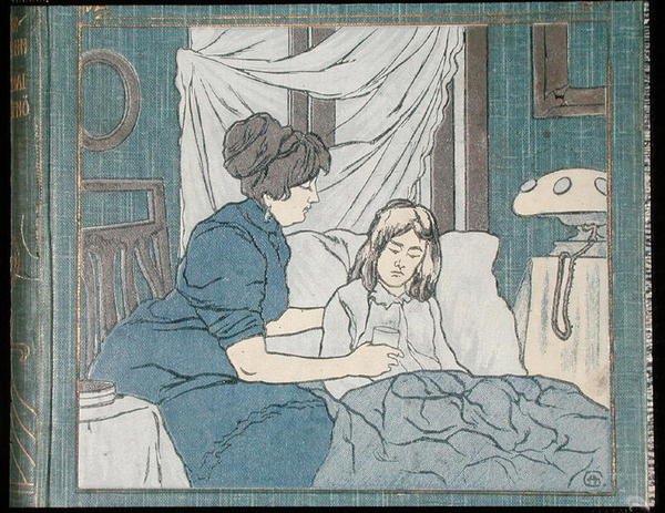 En mor, der passer sin syge datter, fra forsiden af en familielægebog, ca. 1900 (farve litho) af Hungarian School