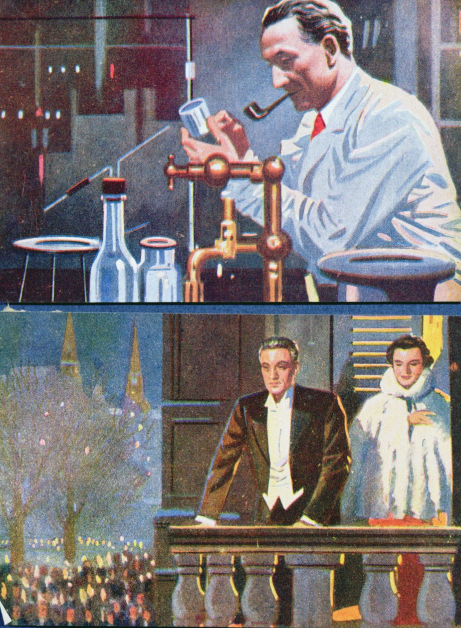 Albert von Szent-Gyorgyi (1893-96) i sit laboratorium og fejrede sin Nobelprisvinding i 1937 af Hungarian School