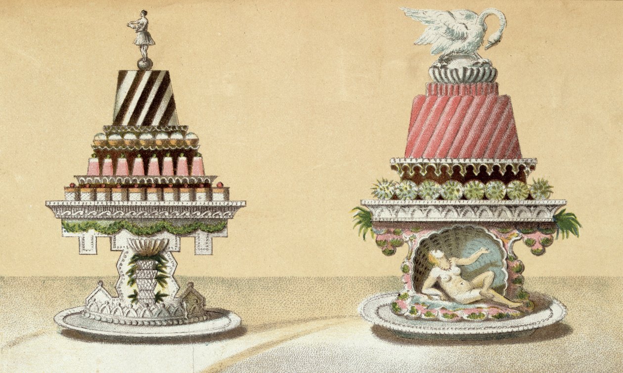 Design til præsentationen af Charlottes a la Reine & Pain de Framboises a la Leda, illustration fra en ungarsk kogebog om fransk madlavning, ca. 1880 af Hungarian School