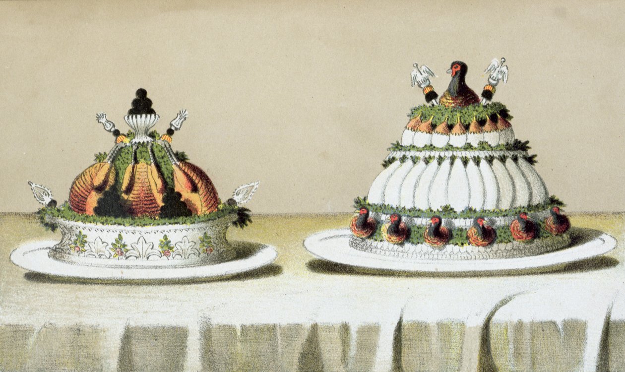 Design til præsentation af kylling fyldt med foie gras og fasanbryster tilberedt på Berthold-manér, illustration fra en ungarsk kogebog om fransk madlavning, ca. 1880 af Hungarian School