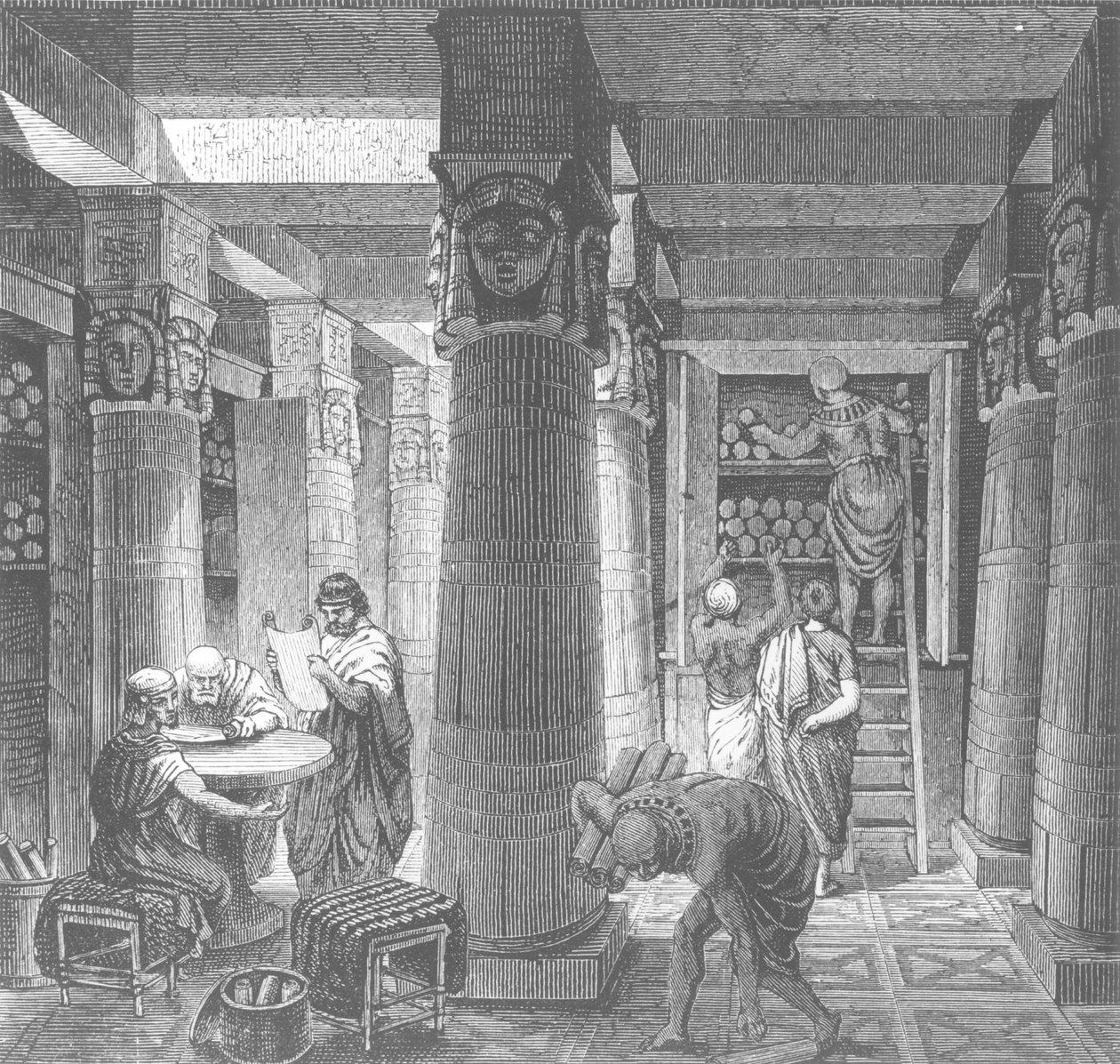 Imaginær genskabelse af Ptolemæus-biblioteket i Alexandria, Egypten, fra Histoire Generale des Peuples, 1880 af Hungarian School