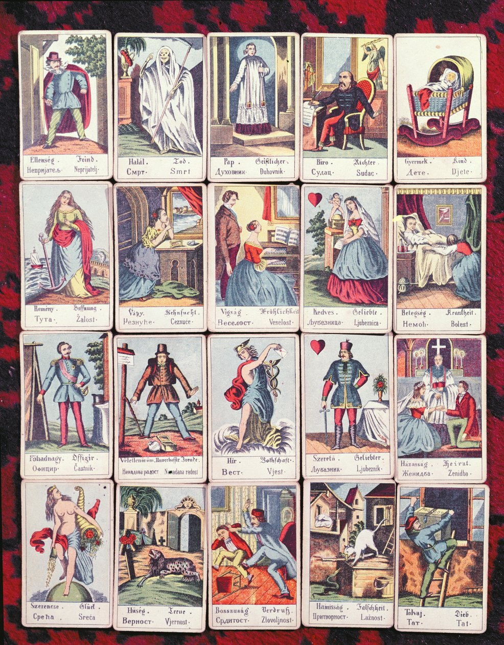 LeNormand-kort på fire sprog (ungarsk, tysk, serbisk og kroatisk), slutningen af det nittende århundrede af Hungarian School