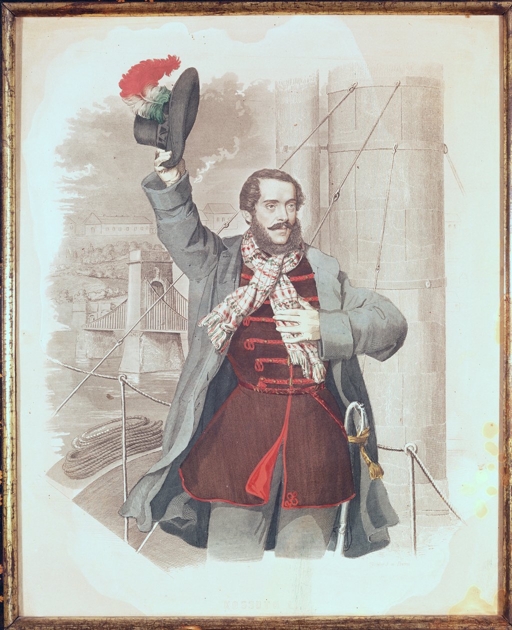 Portræt af Lajos Kossuth (1802-94) ved Kædebroen i Budapest, 1849 af Hungarian School