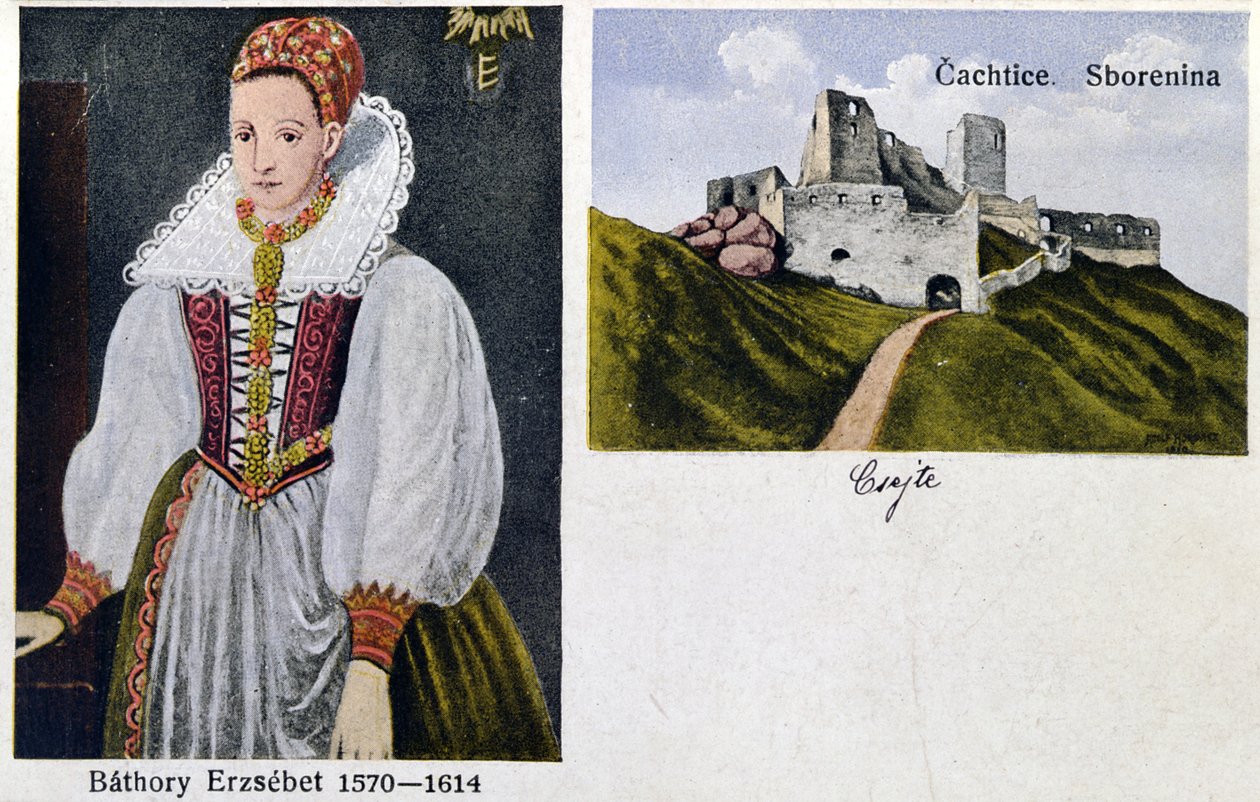 Postkort med grevinde Elisabeth Bathory (1560-1614) og Castle Cachtice af Hungarian School