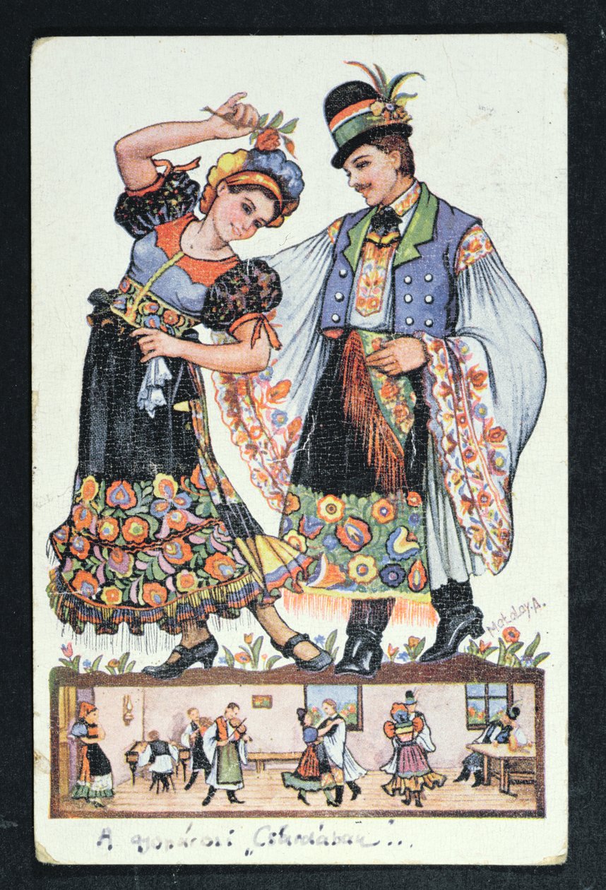 Postkort, der forestiller et ungarsk par, der danser en traditionel dans, 1943 af Hungarian School