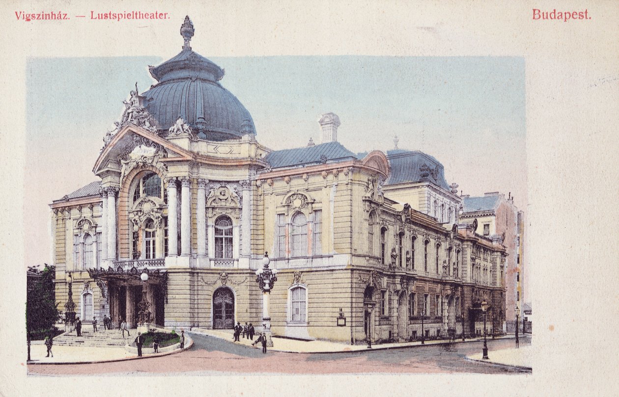Postkort, der forestiller Vigszinhaz (komedieteater) på Grand Boulevard i Budapest, ca. 1900 (efter et farvefoto) af Hungarian School