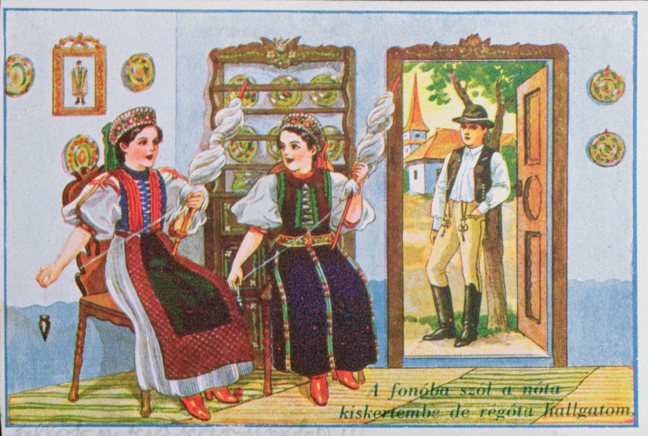 Postkort, der forestiller kvinder i traditionel ungarsk kjole, der spinder og synger den populære sang Sing a Song to the Frog, ca. 1940 af Hungarian School