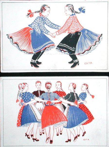 Postkort med traditionelle ungarske danse, ca. 1947-8 (farve litho) af Hungarian School