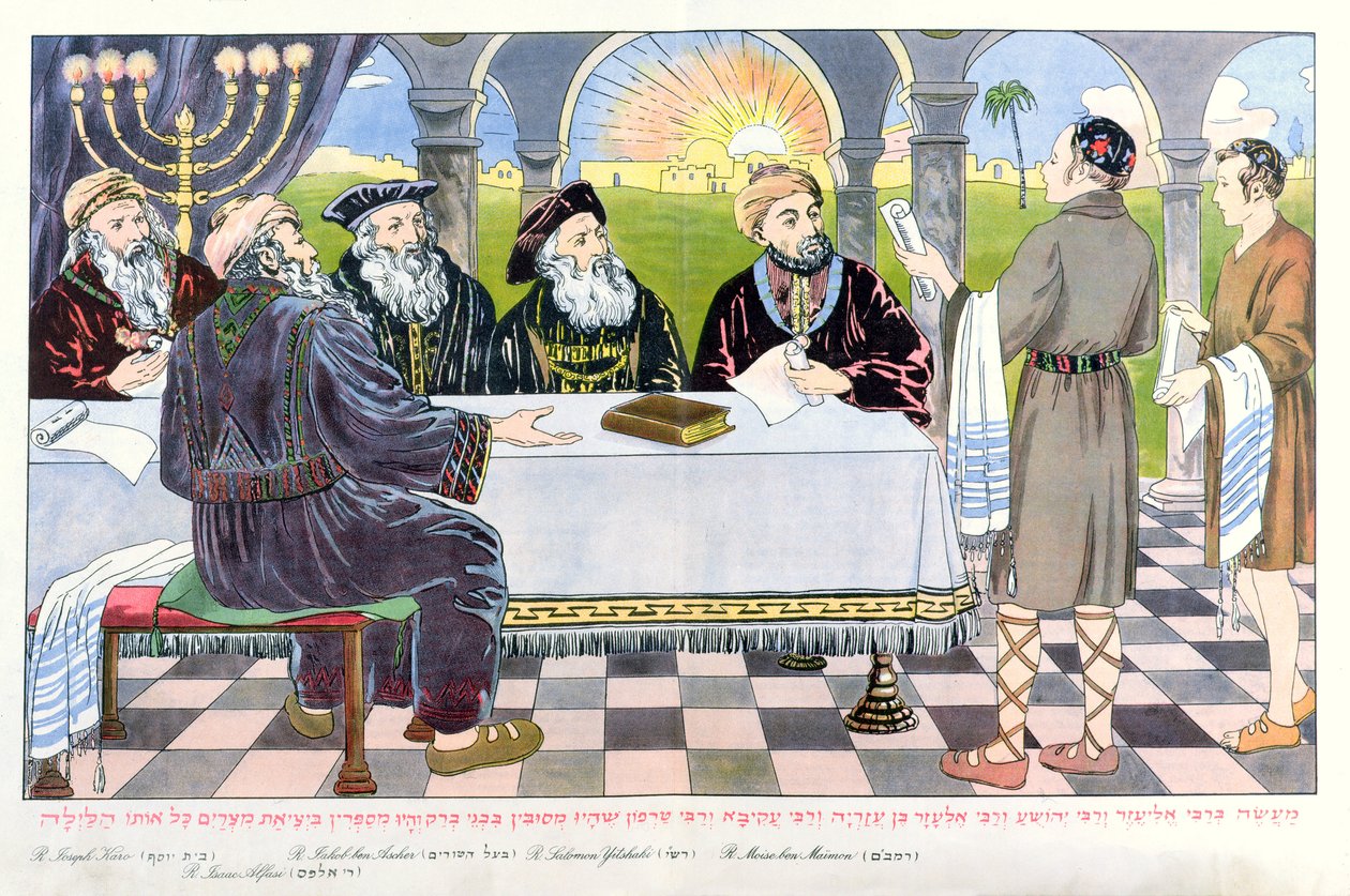 Savants ved Maimonides bord, fra en påske-haggadah af Hungarian School