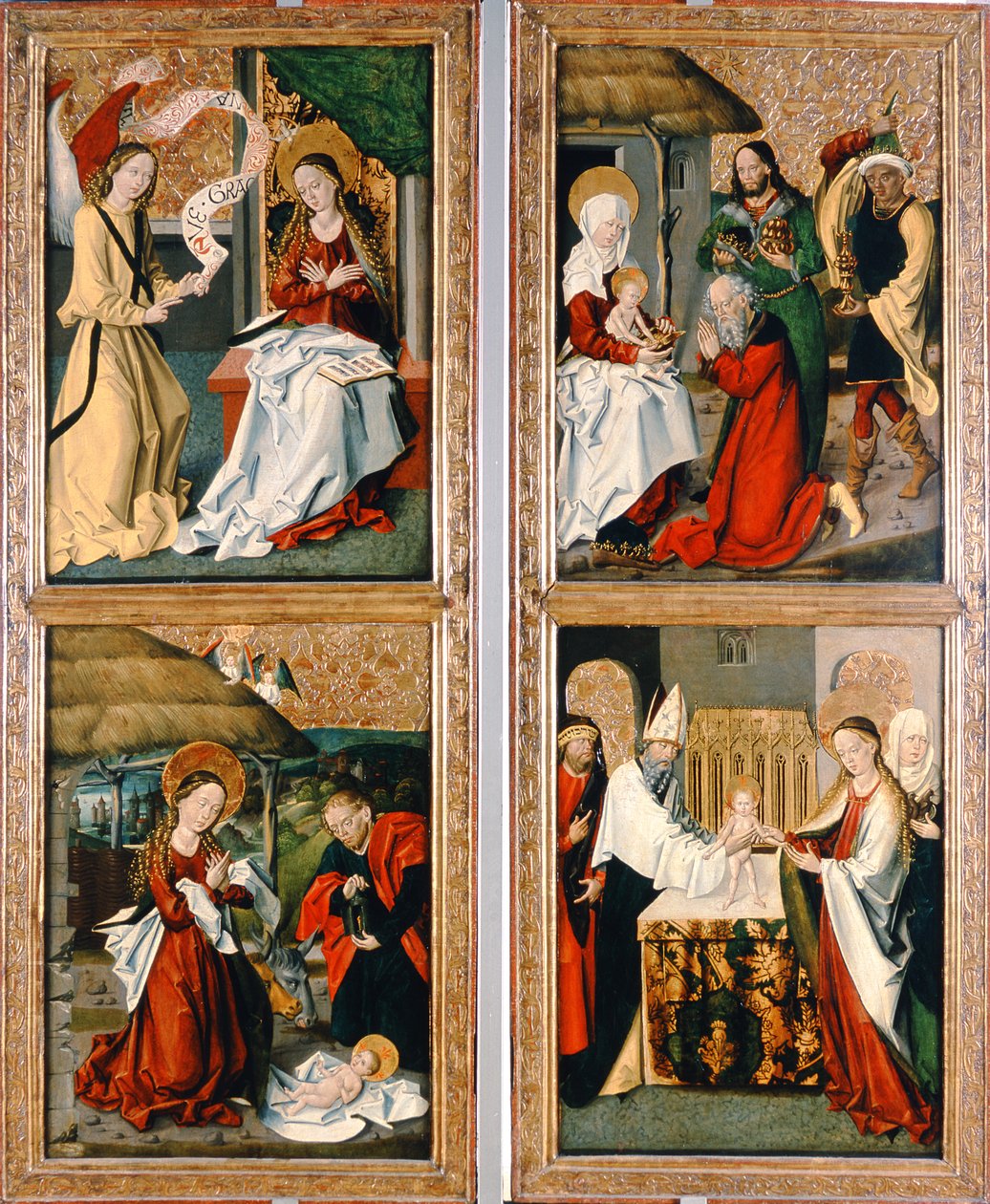Bebudelsen, Kristi fødsel, magiernes tilbedelse og præsentationen i templet fra Szepeshely-altertavlen, 1480-90 af Hungarian School