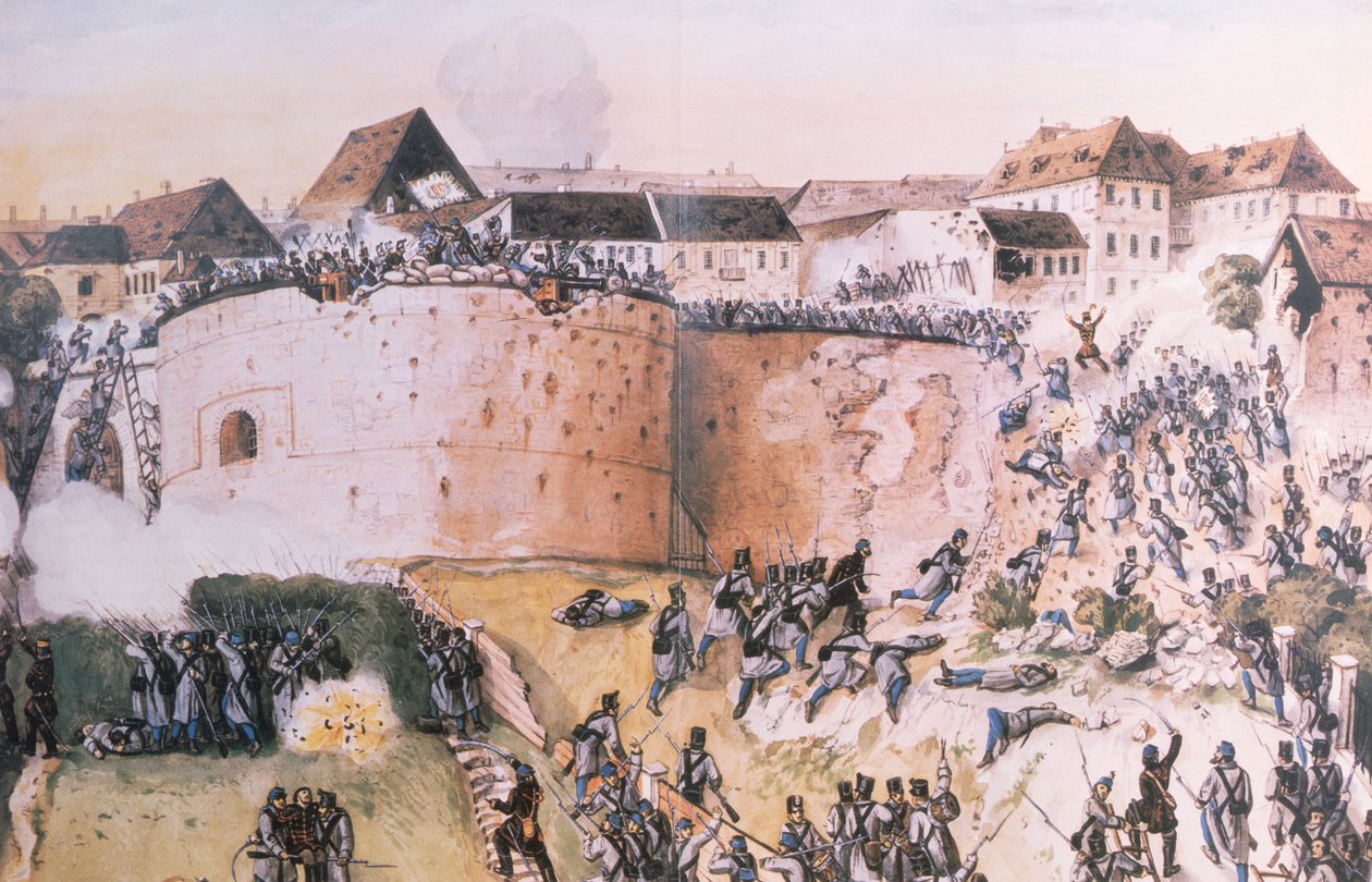 Den ungarske revolution i 1848: Østrigske tropper angriber Buda-slottet den 21. maj 1849 (wc på papir) af Hungarian School