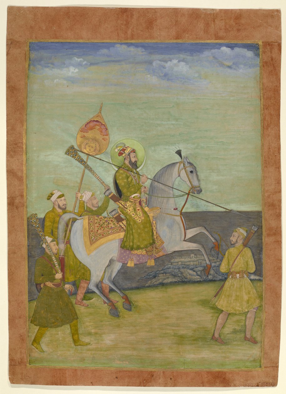 Ridesportræt af Bahadur Shah som en ung mand, Mughal, ca. 1690 (gouache med guld på papir) af Hunhar I (attr. to)