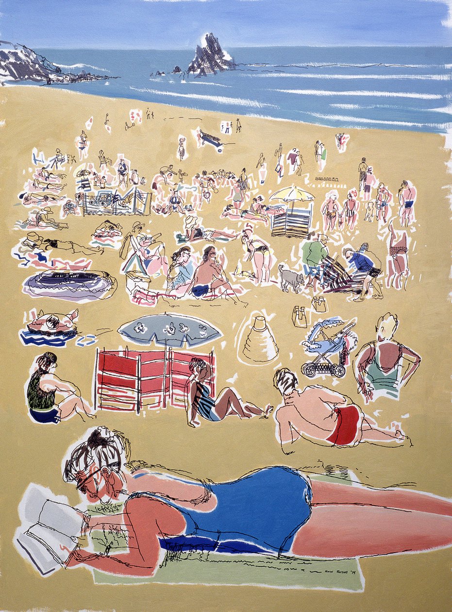 Bathers, Broadhaven Beach, Dyfed, 1995 (olie på blæk ombord) af Huw S. Parsons
