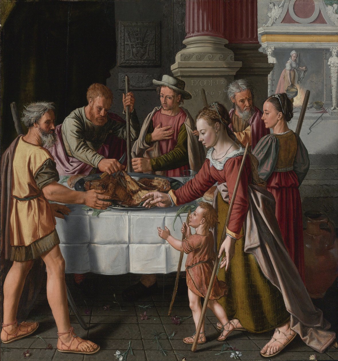 ""Jødisk påskes første dag"" (Den første påskefest) Maleri af Huybrecht Beuckelaer (aktiv omkring 1563-1584) - 1563 - Olie på træ Dim 105x99 cm Privat samling af Huybrecht Beuckeleer or Beuckelaer