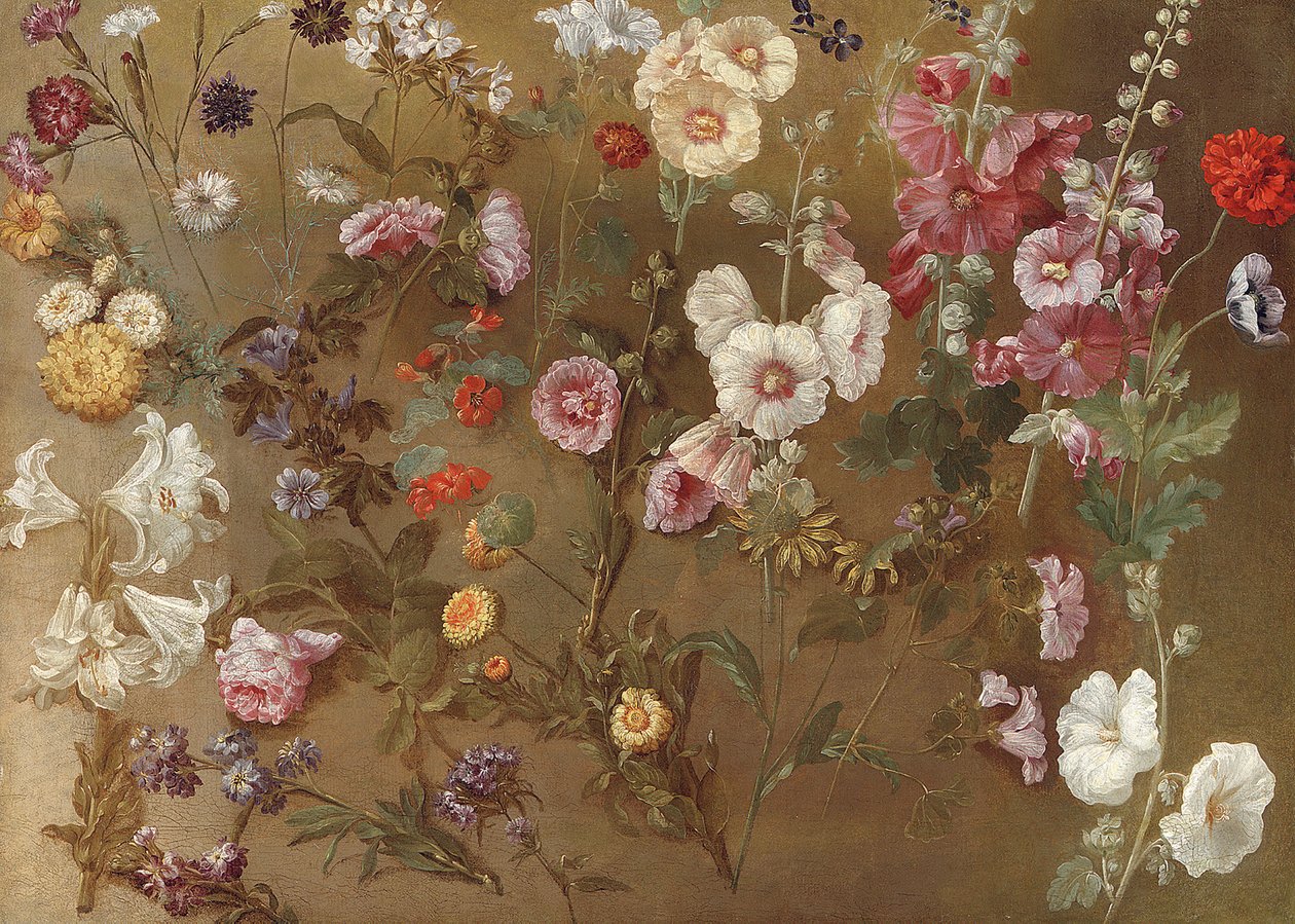 Sammensætning af blomsterstudier, herunder nelliker, nålepudeblomster, hoppevæddemål, mallow; stokroser, afrikansk morgenfrue, forglemmigej af Hyacinthe Francois Rigaud