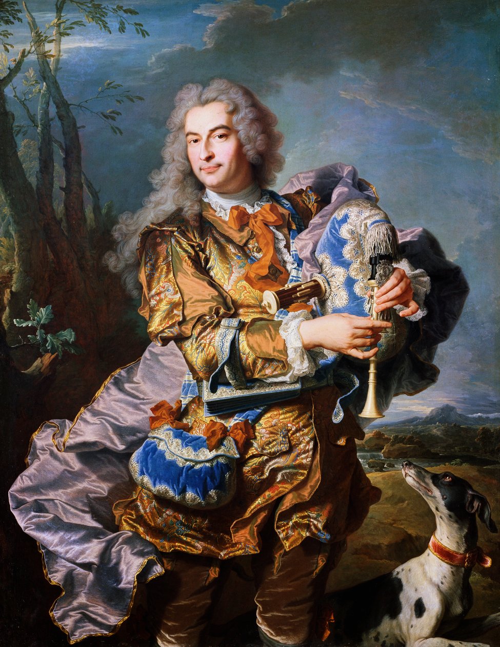Gaspard de Gueidan spiller sækkepibe, ca 1735, af Hyacinthe Rigaud (1659-1743), olie på lærred. Detalje. Frankrig af Hyacinthe Francois Rigaud