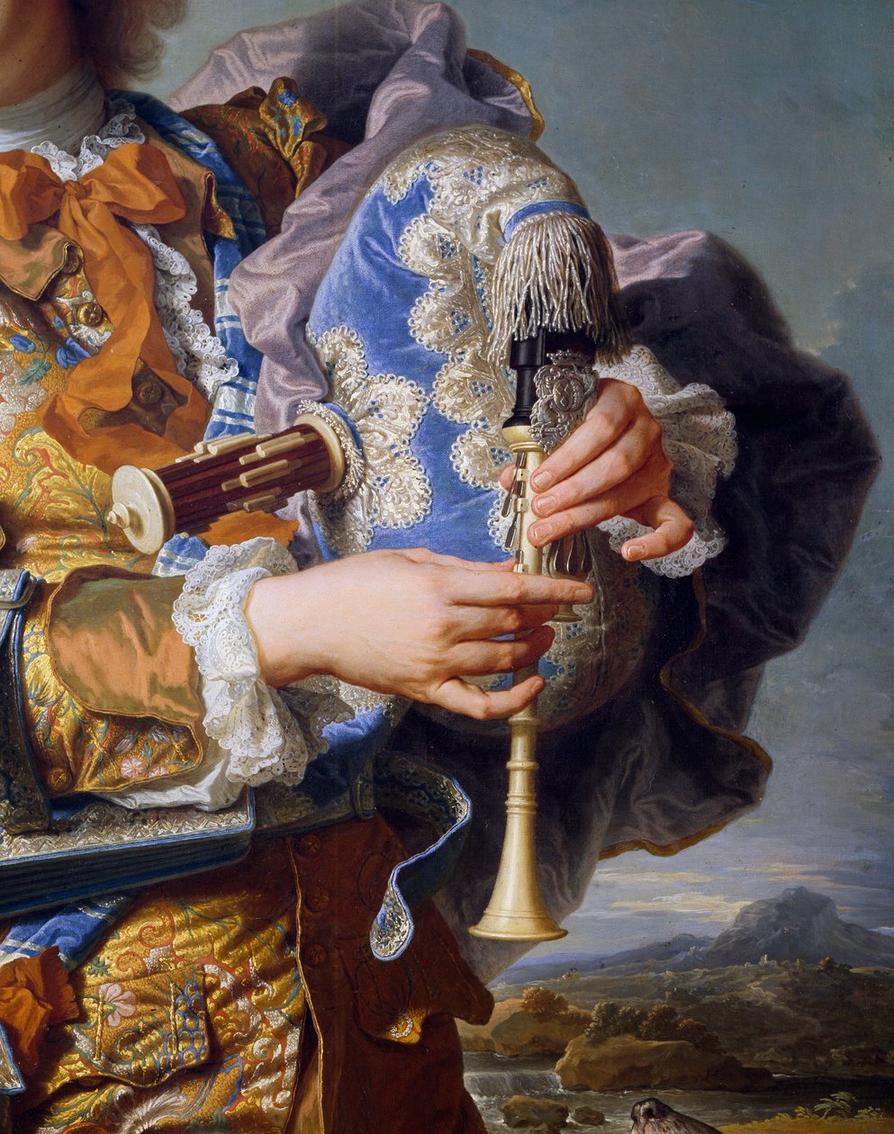Gaspard de Gueidan spiller sækkepibe, ca 1735, af Hyacinthe Rigaud (1659-1743), olie på lærred. Detalje. Frankrig af Hyacinthe Francois Rigaud