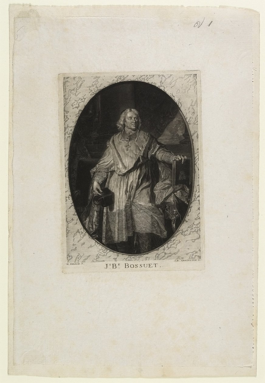 J.B. Bossuet (til fods), graveret af Jean-Baptiste de Grateloup, 1771 (mezzotint, akvatint og tørnål på chine collé) af Hyacinthe Francois Rigaud