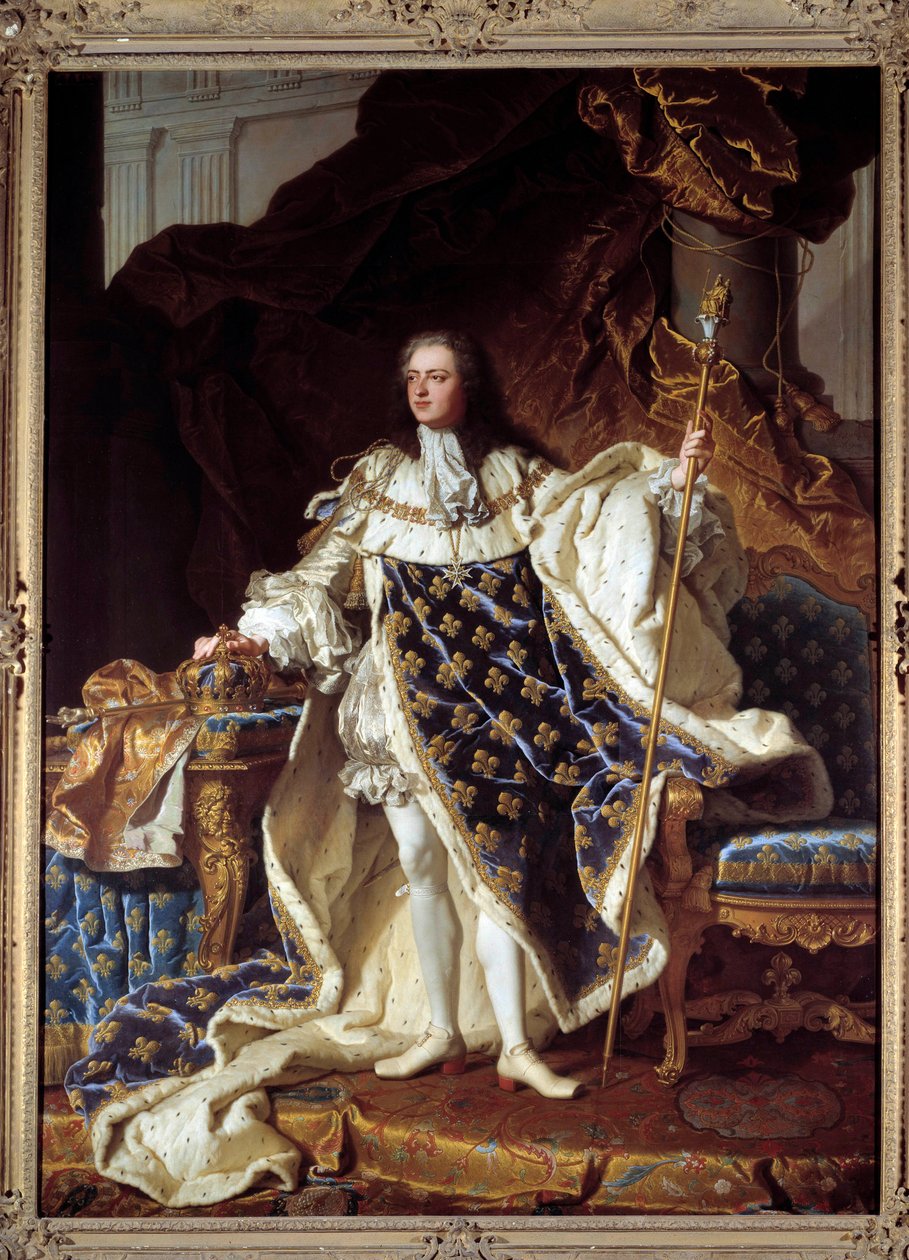 Portræt i fuld længde af Ludvig XV i Corres dragt (1710-1774) Maleri af Hyacinthe Rigaud (1659-1743). 1730. Størrelse 2,71 x 1,94 m. Versailles, musee du Chateau - Portræt i fuld længde af Ludvig XV i kroningsdragter (1710-1774). Maleri af Hyacinthe Rigaud af Hyacinthe Francois Rigaud
