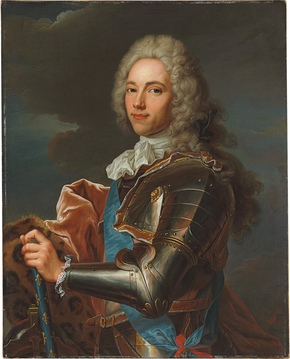 Portræt af Duc de Broglie, i skærf af Sainte Esprit-ordenen, med stafetten af en marskal af Frankrig af Hyacinthe Francois Rigaud