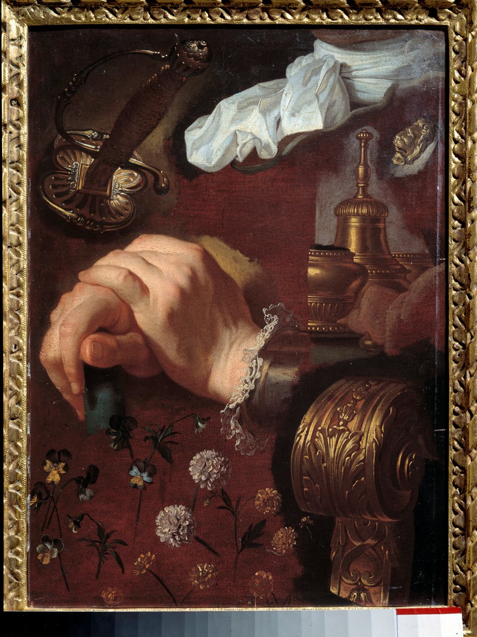 Undersøgelse af krydsede hænder, stoffer, blomster, klokke, epee Maleri af Hyacinthe Rigaud (1659-1743) 1700-tallets Rouen, Musee des Beaux Arts af Hyacinthe Francois Rigaud