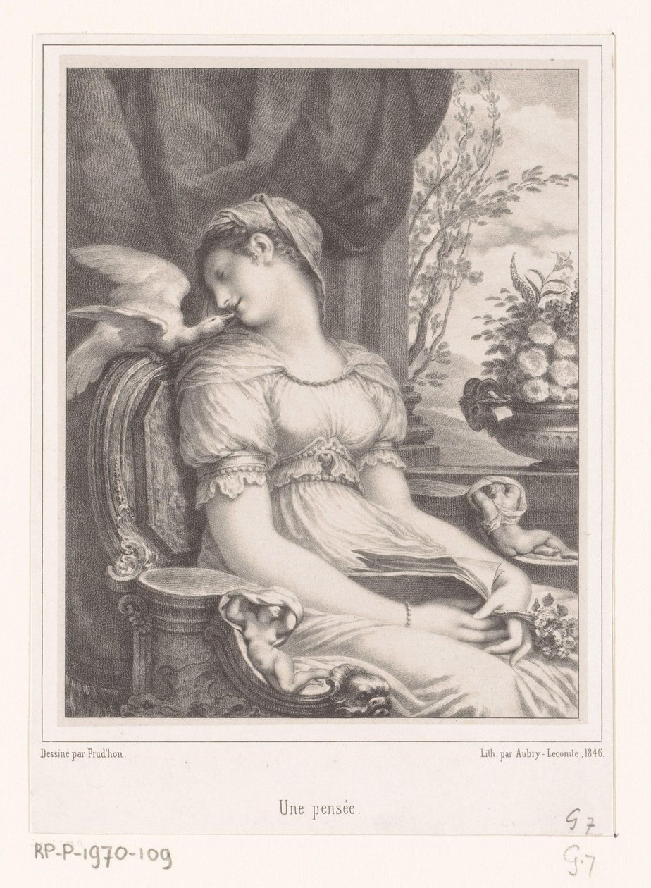 Siddende kvinde med bog og hvid fugl Une pensée (titel på objekt) af Hyacinthe Louis Victor Jean Baptiste Aubry Lecomte