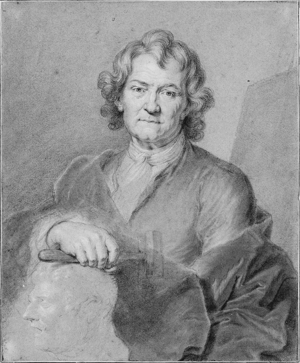 Portræt af Pierre Puget, hans højre hånd holder en hammer og hviler på et skulptureret hoved af Hyacinthe Francois Rigaud