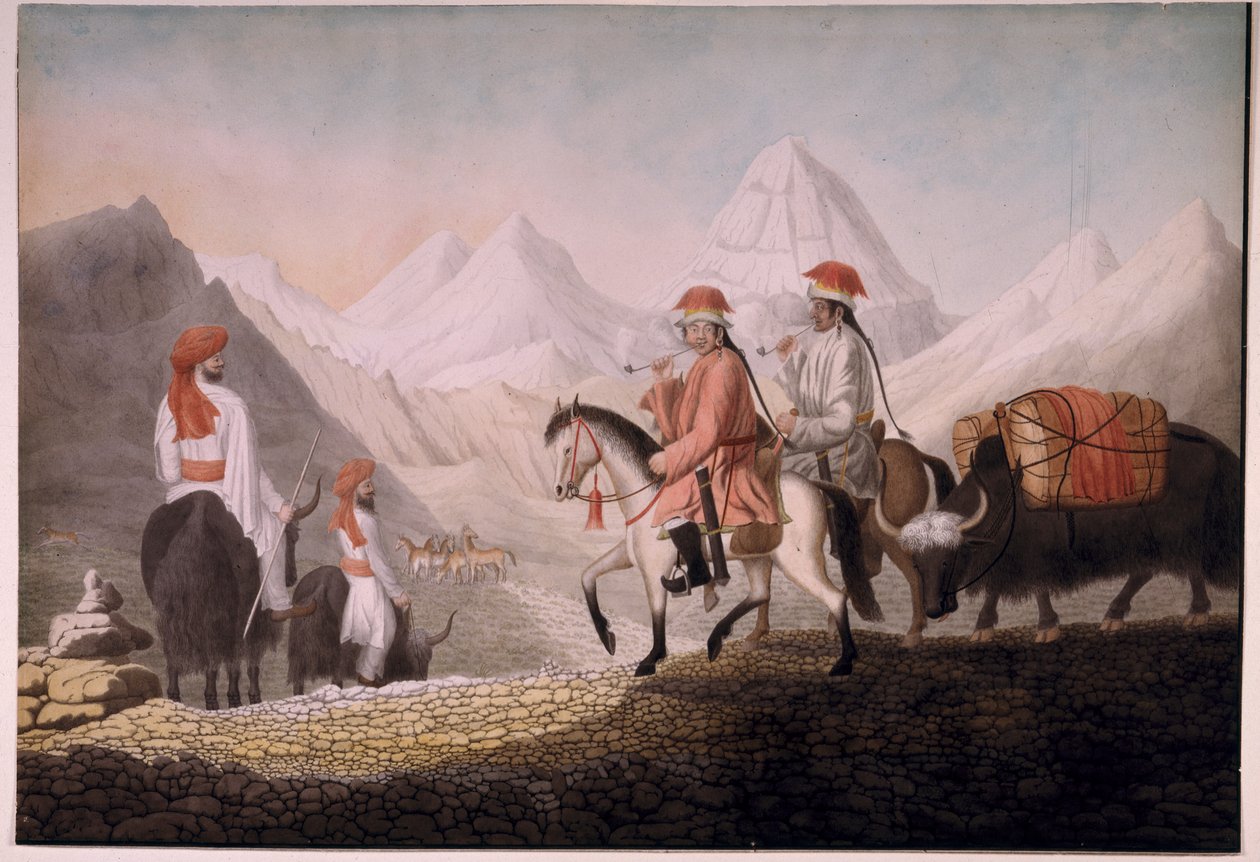 William Moorcroft og Hearsay på vejen til Lake Mansarovar (Tibet) 1812 (akvarel på papir) af Hyder Jung Hearsey