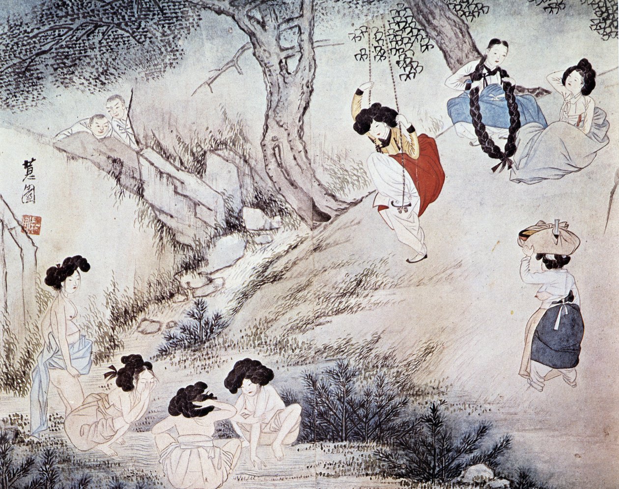 Kvinder udendørs (bader i floden og gynger) og to mænd ser på dem, Kree - af Hye-Wol, Yi Dynasty af Hyewon
