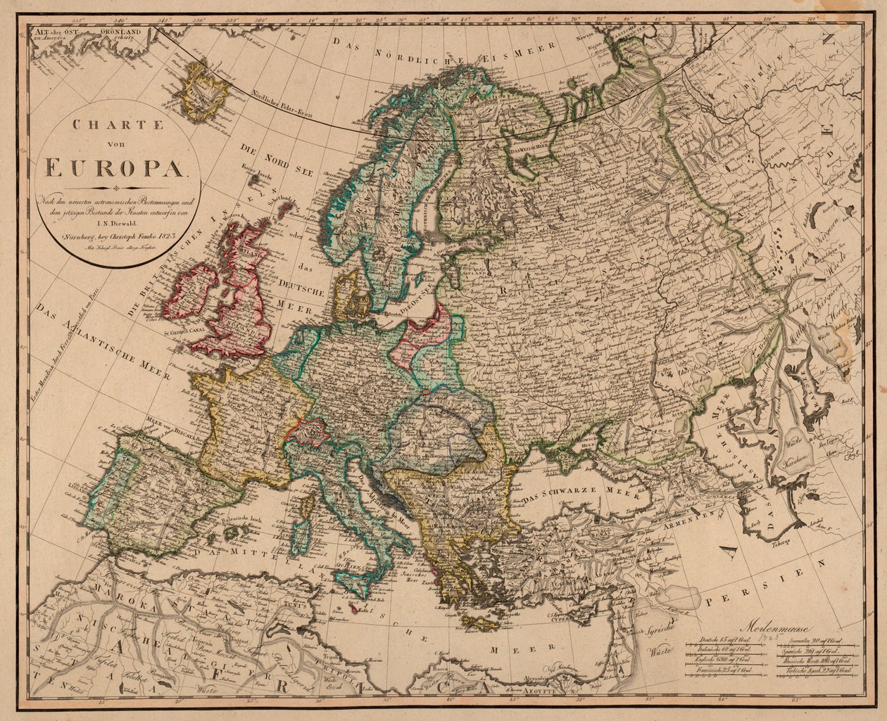 Kortet blev udgivet i Nürnberg af Christoph Fembo (1823) og viser Europa af I. N. Diewald