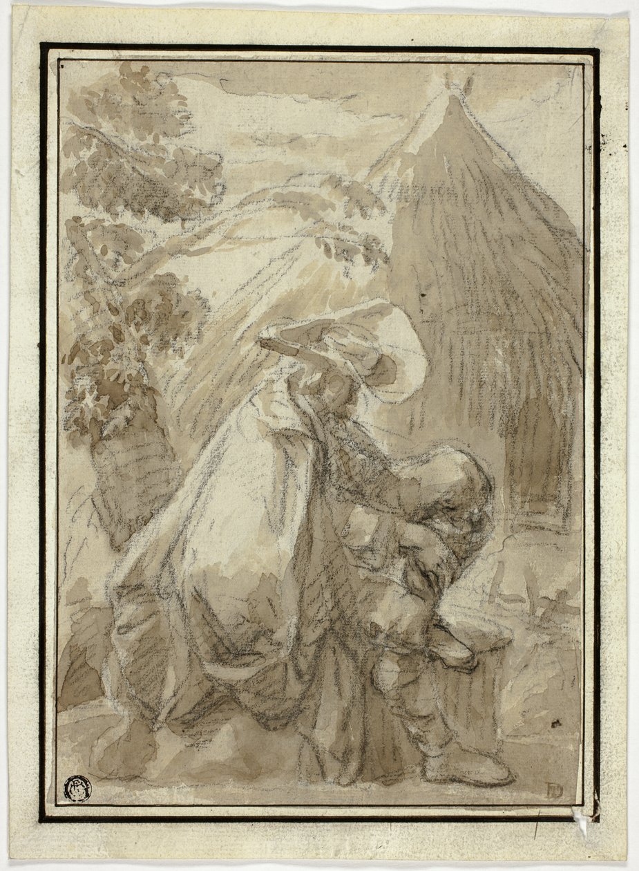 Siddende mand i kappe ved stråtækt hytte af III Follower of Herman Saftleven