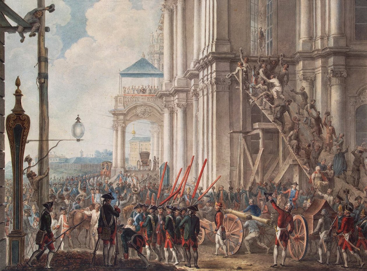 Katarina II på vinterpaladsets balkon, mødt af vagter og folk på paladsrevolutionens dag, 28. juni, 1762 af I.K Kaestner
