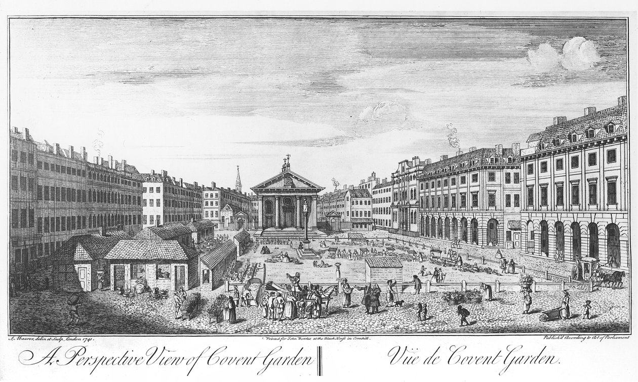 Et perspektivbillede af Covent Garden af I. (after) Maurer