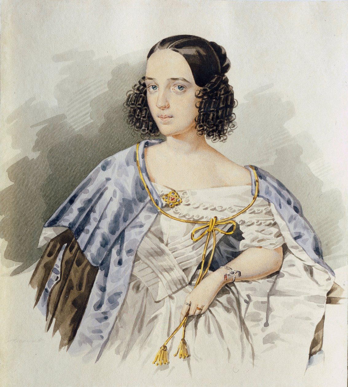 Portræt af den russiske skuespillerinde Varvara Asenkova (1817-1841) - Akvarel på pap af I Alexeyev (aktiv 1800-1850) af I. Alexeyev