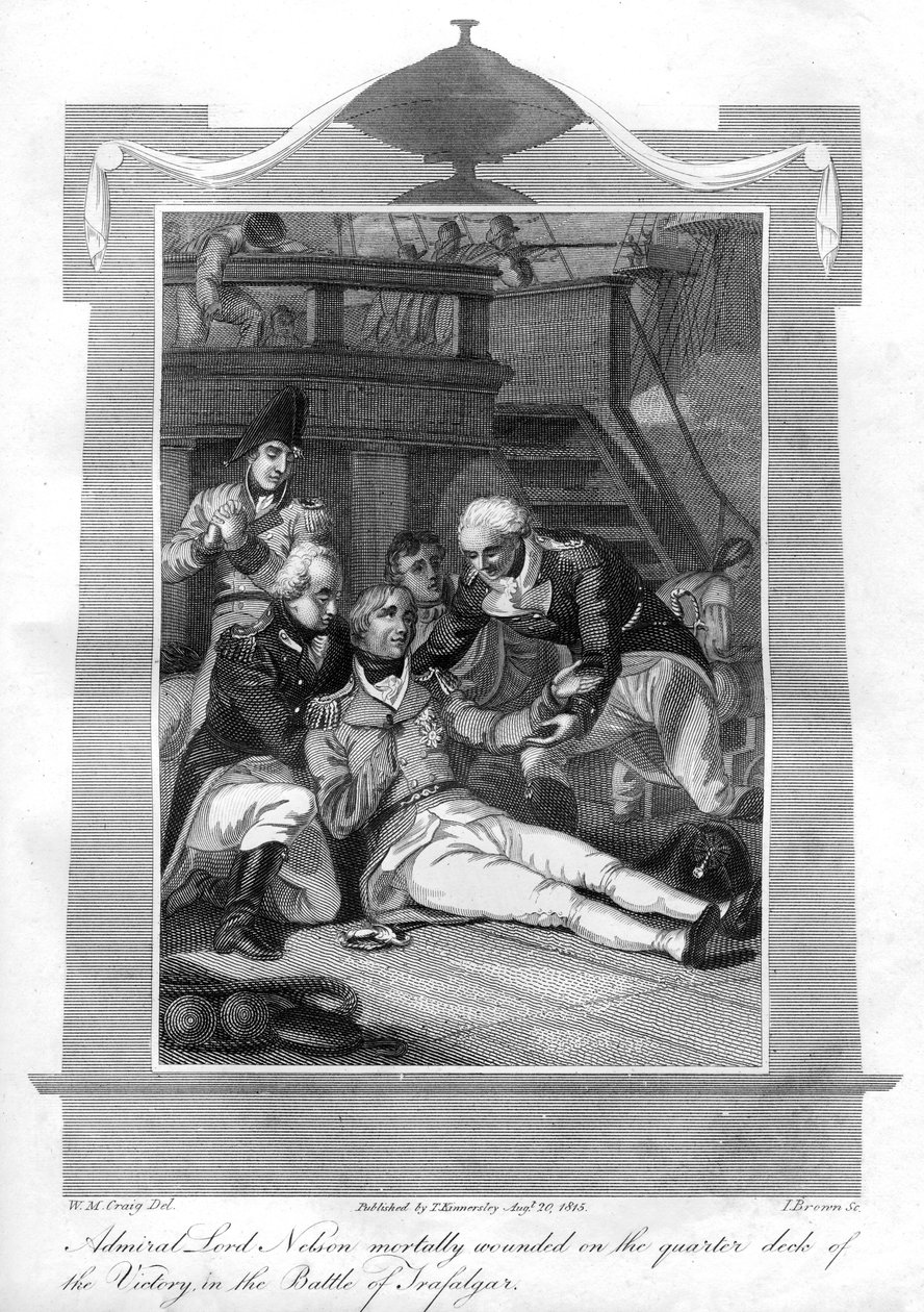 Admiral Nelson liggende dødeligt såret på kvartdækket af HMS Victory, 1816. af I. Brown