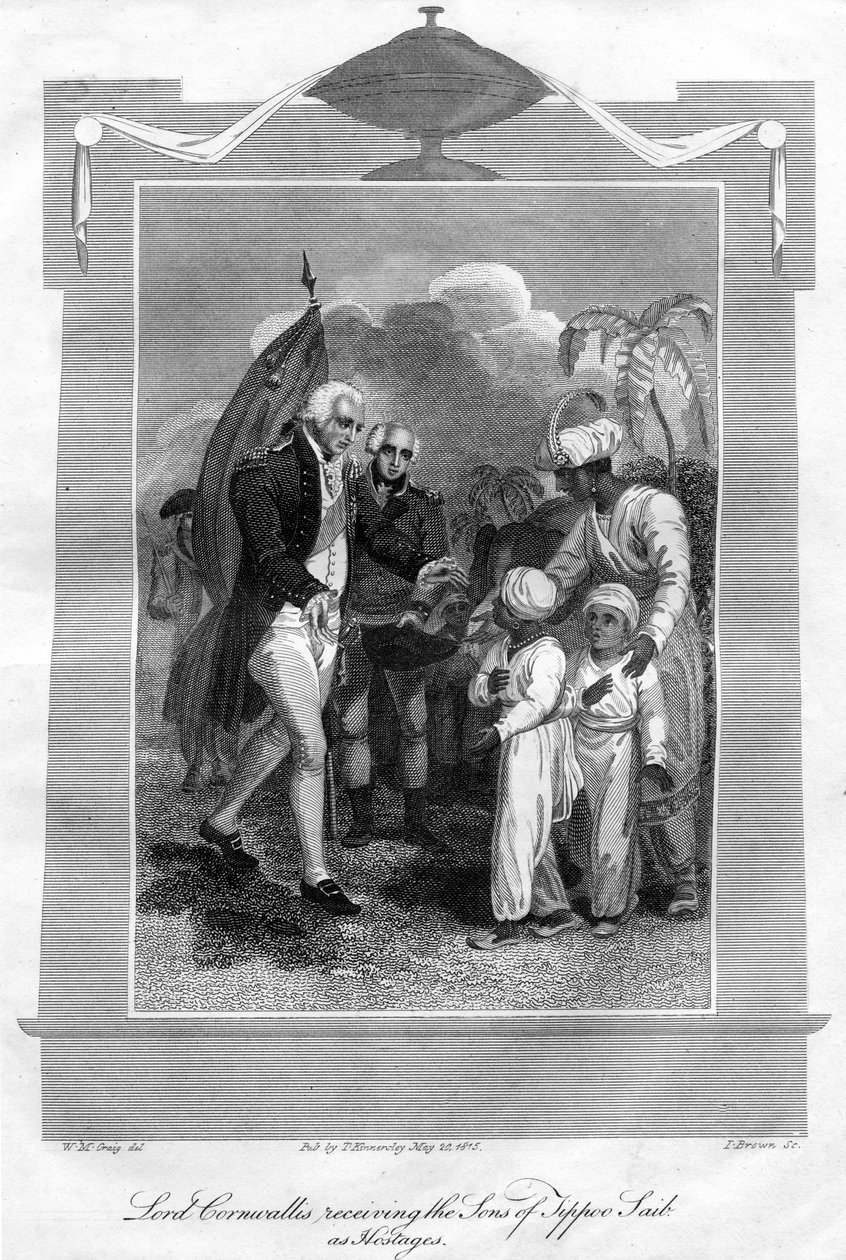Lord Cornwallis 1738-1805 modtog sønnerne af Tippoo Saib som gidsler, 1816. af I. Brown