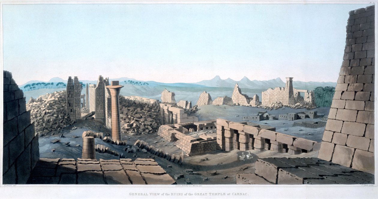 Generelt syn på ruinerne af det store tempel i Carnac, Egypten, 1820 af I Clark