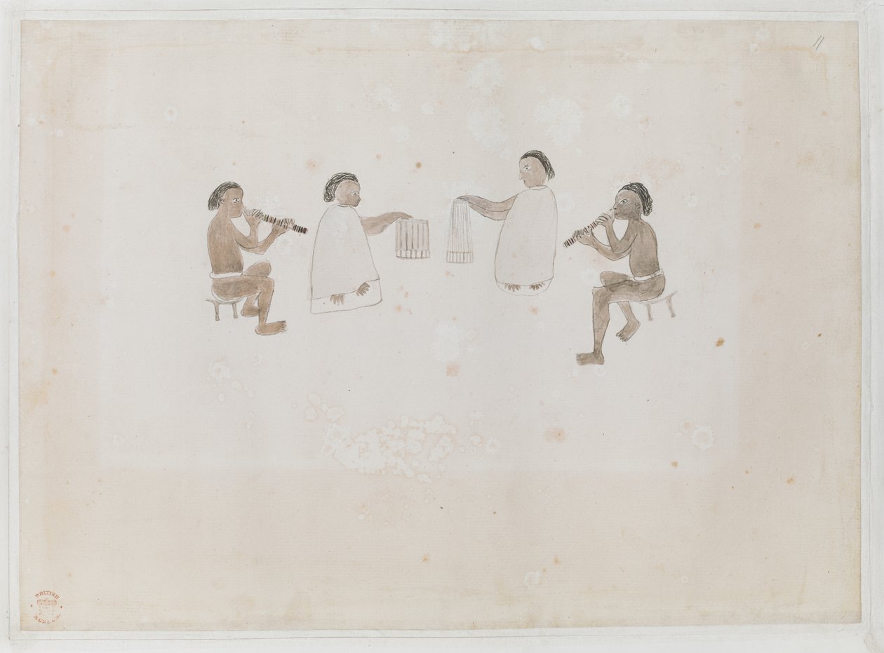 Musikere fra Tahiti. Fire Tahitianere, to klædt i hoppen, der spiller på næsefløjte; to klædt i tiputa, der slår trommer, Optaget i Joseph Banks
