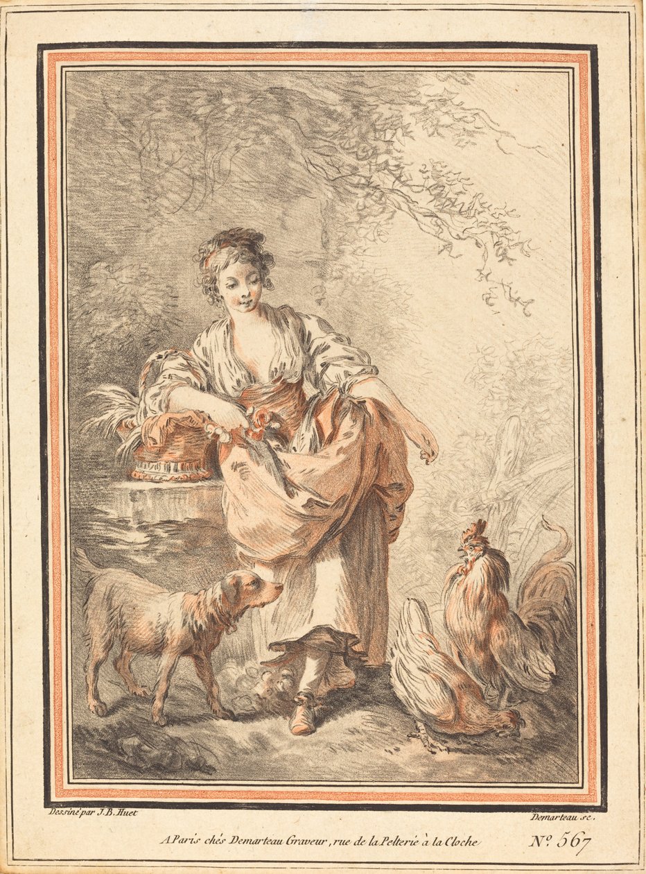 Kvinde fodrer høns af I Gilles Antoine Demarteau after Jean Baptiste Hüet
