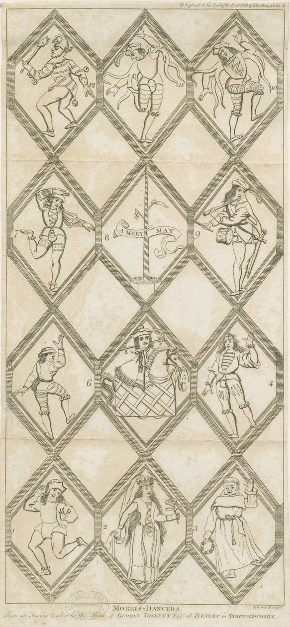 Betley Glass Window - Morris Dancers: engraving, nd [? 18th cent] dani af I Jones