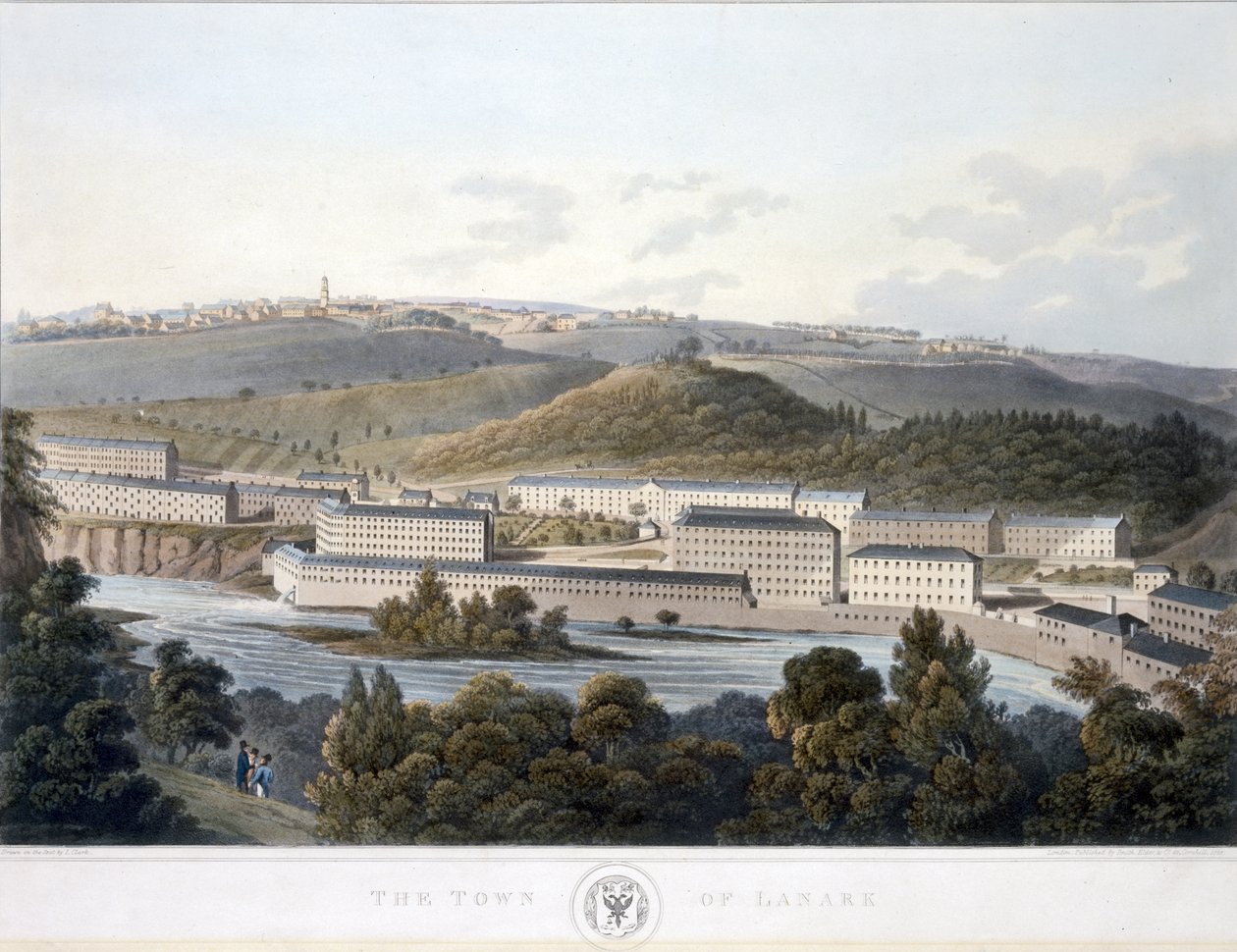 Byen Lanark, fra udsigt over Skotland, 1824-25 (farvet akvatint) af I after Clark